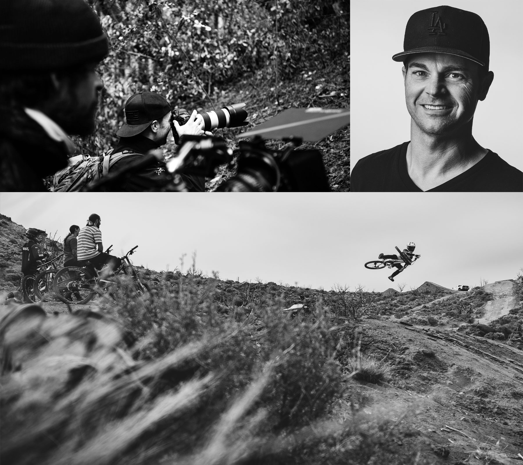 Three images in one: ryan taking photos, portrait of Ryan Cleek, young person catching air on a bike.