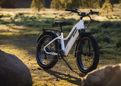 Product shot of white e-bike in nature.