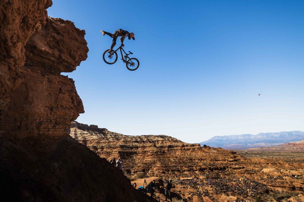 pro mountain biker, Brandon Semenuk, during his winning run at the 2021 Red Bull Rampage. Photo by Ryan Cleek