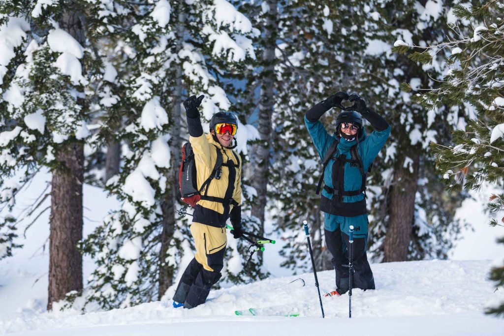 Two backcountry skiers celebrate a descent on Maggie's Peak in South Lake Tahoe