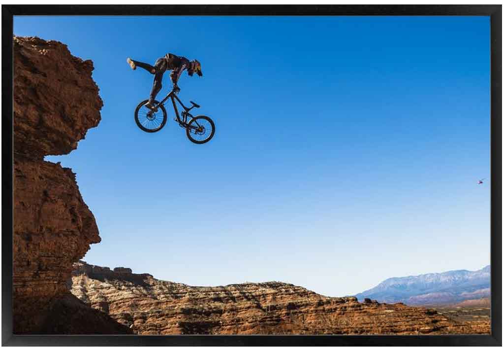 Framed print of pro mountain biker, Brandon Semenuk, at the Red Bull Rampage. Photo by Ryan Cleek 