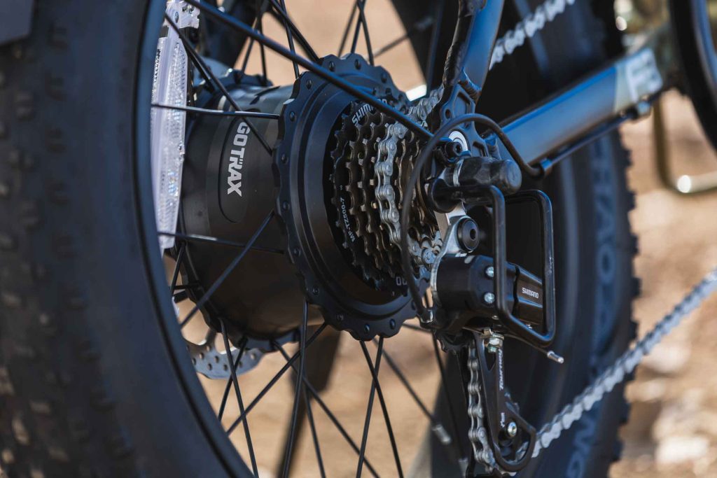  detailed electric bike photography showcasing components and build quality of GoTrax F3. Shimano drivetrain
