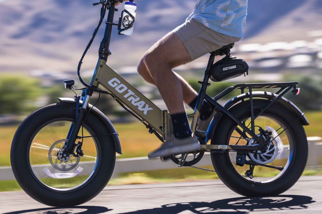 commercial e-bike photography highlighting fat tire design and product features. Pan shot action e-bike photography