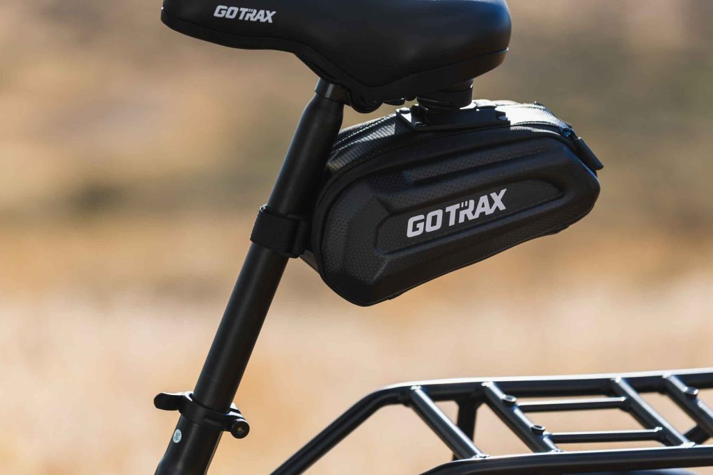  detailed electric bike photography showcasing components and build quality of GoTrax F3 seatbag 