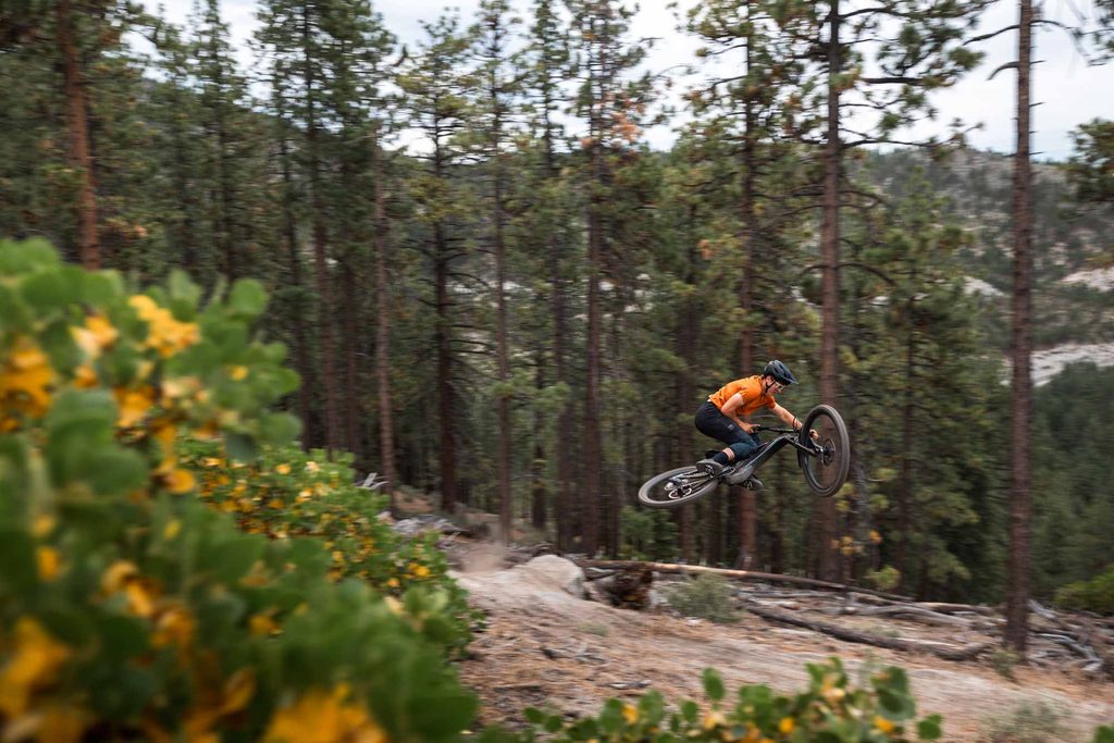 Specialized Levo e-mountain bike airborne during a Lake Tahoe mountain bike photo shoot