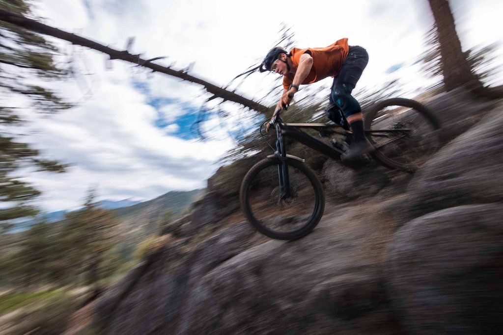 Specialized Levo e-mountain bike descending a rocky trail in Lake Tahoe