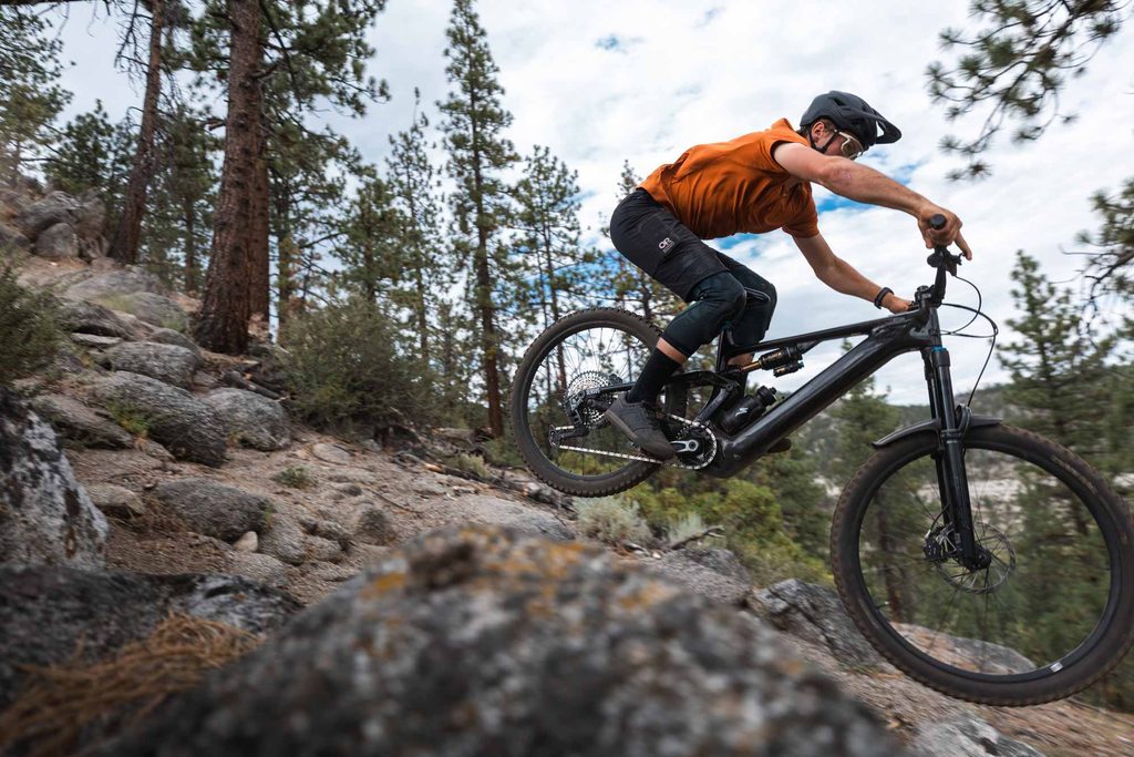 Treyton Maskaly riding a Specialized Levo e-MTB on technical Lake Tahoe terrain