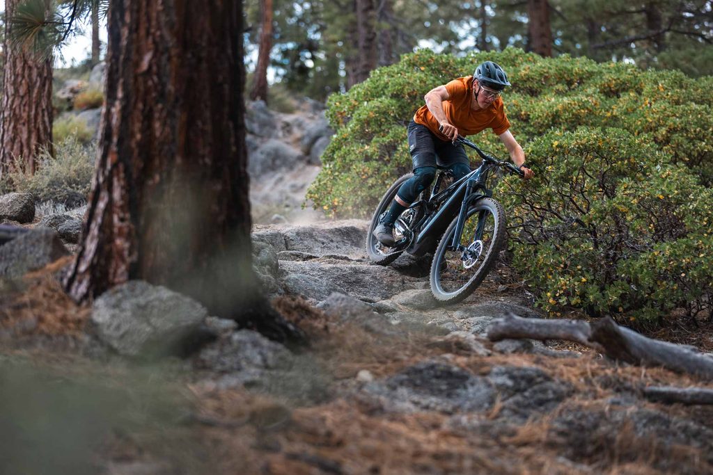 Commercial mountain bike photography featuring a Specialized Levo on rugged Tahoe trails
